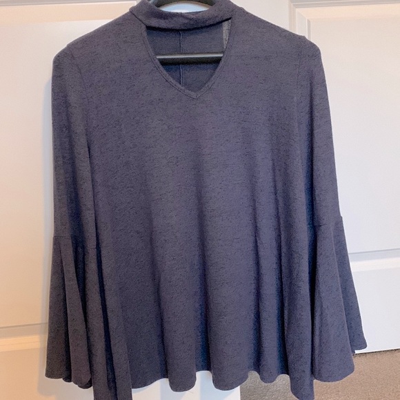 Tops - V-neck Blue And Black Swing Tunic with Bell Sleeves Choker Neck size Small